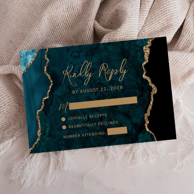 Turquoise moderne Agate Bleu Script Mariage RSVP (Créateur téléchargé)