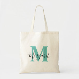 Turquoise Monogramme noir Nom de script Sac fourre