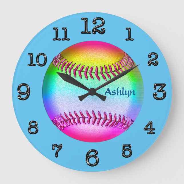 Turquoise Multicolored Softball Clock, YOUR NAME Große Wanduhr (Vorderseite)