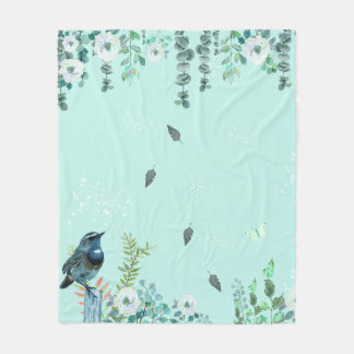 Turquoise Nature Watercolor Bird and Eucalyptus  Fleecedecke