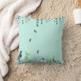 Turquoise Nature Watercolor Bird and Eucalyptus  Kissen