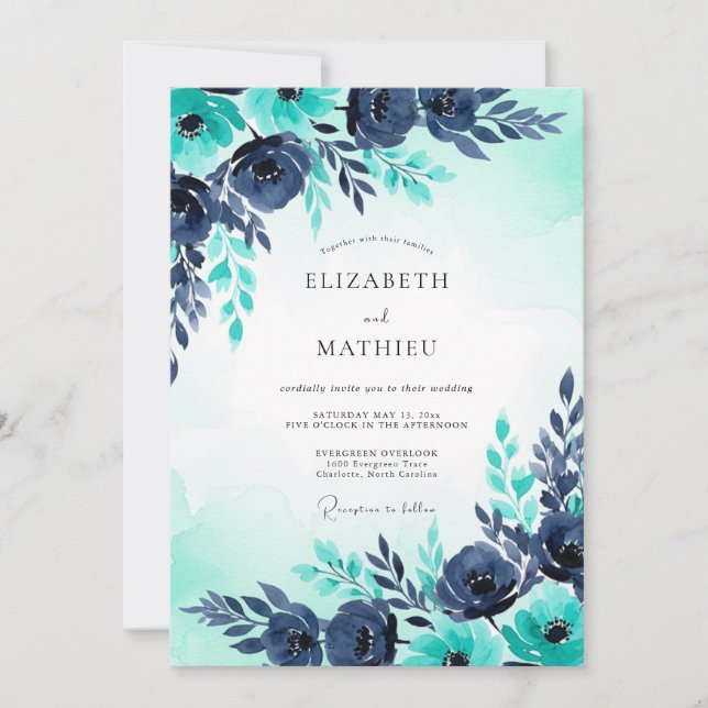 Turquoise Navy Watercolor Winter Wedding Einladung (Vorderseite)
