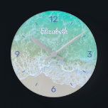 Turquoise Ocean Wave, DIY Name or Monogram, Blue Runde Wanduhr<br><div class="desc">Personalize with your name or monogram in white script text on a gentle turquoise ocean wave on the beach. All blue numbers. Makes a great gift for her,  him or a friend.</div>