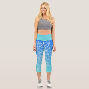 Turquoise Ombre Bleu Mandala Yoga Capri Leggings