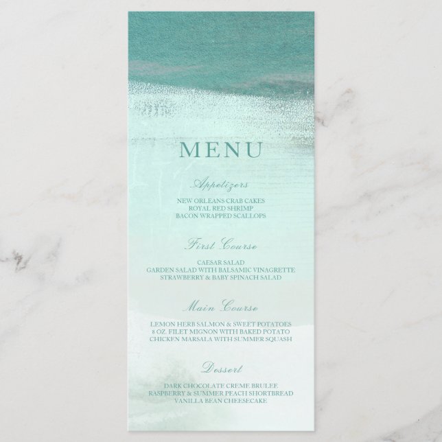 Turquoise Ombre Watercolor Beach Wedding Menu (Devant)