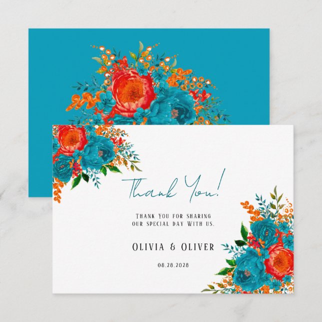 Turquoise Orange Botanique Floral Mariage Merci (Devant / Derrière)