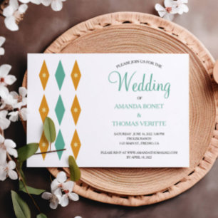 Turquoise Orange Diamond Star Mid Century Wedding Einladung