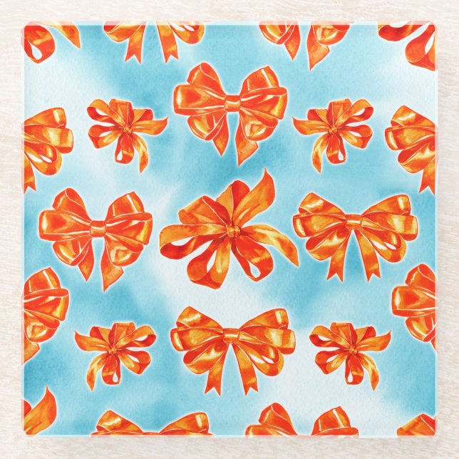 TURQUOISE & ORANGE HERBSTLAUBS BOWS PUMPKINS GLASUNTERSETZER (Vorderseite)