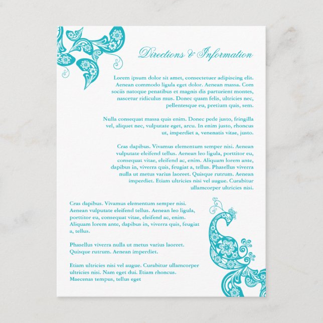 Turquoise Paisley Peacock Chic Hochzeitsinformatio Begleitkarte (Vorderseite)