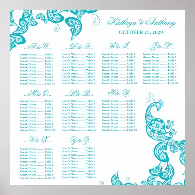 Turquoise Paisley Peacock Wedding Chart Poster (Vorne)