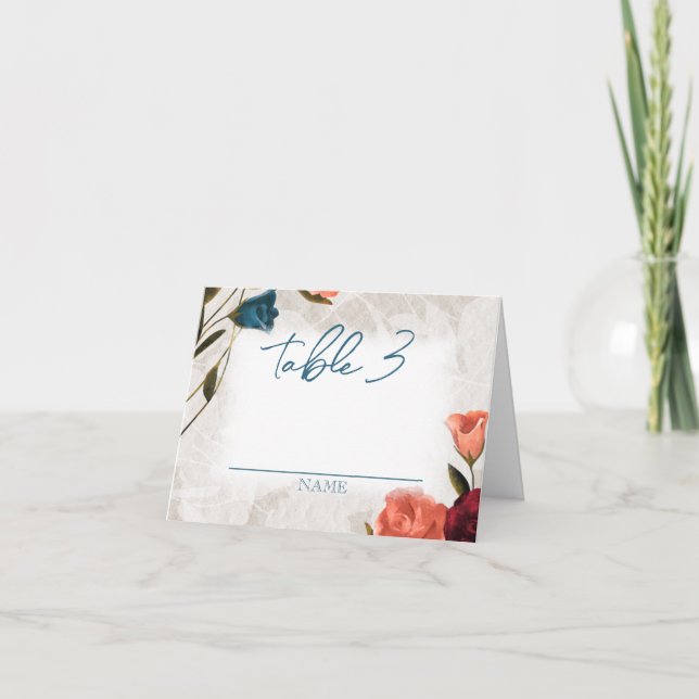 Turquoise, Peach Roses plié Mariage Numéro de tabl (Devant)