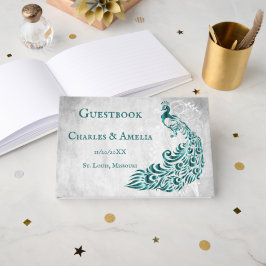Turquoise Peacock Leaf Vine Mariage Livre d'or