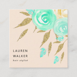 Turquoise Peonies Imitats Gold Glitzer Visitenkart Quadratische Visitenkarte