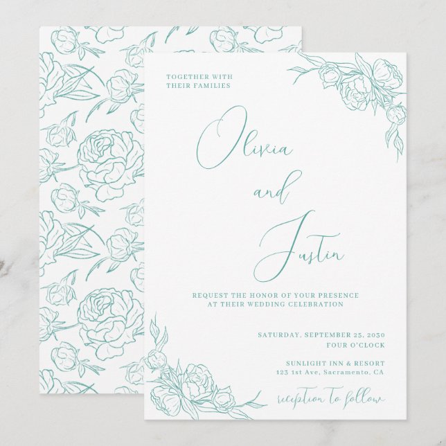 Turquoise Peony Elegance Wedding Einladung (Vorne/Hinten)