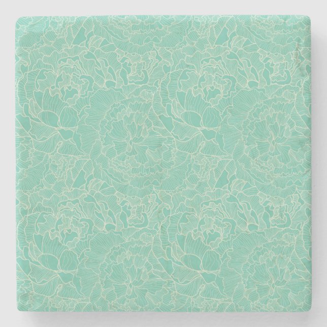 Turquoise-Peony-Muster Steinuntersetzer (Vorderseite)