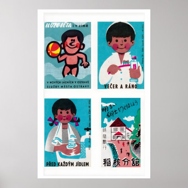 Turquoise & Pink Matchbox Labels Grid Print Poster (Vorne)