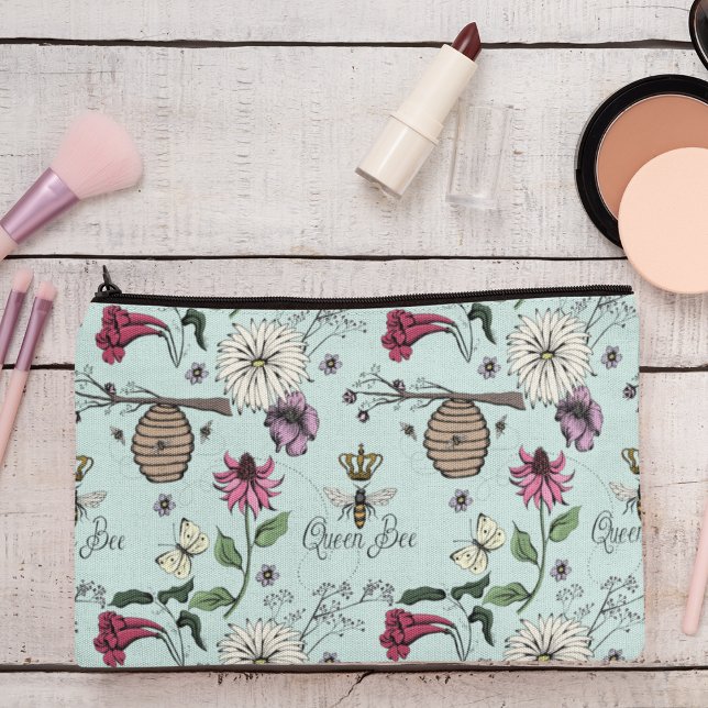 Turquoise Queen Bee & Gold Crown Zubehörtasche (Chic & Trendy Queen Bee & Exotic Flowers Makeup or Accessory Pouch. Elegant Turquoise Background.)