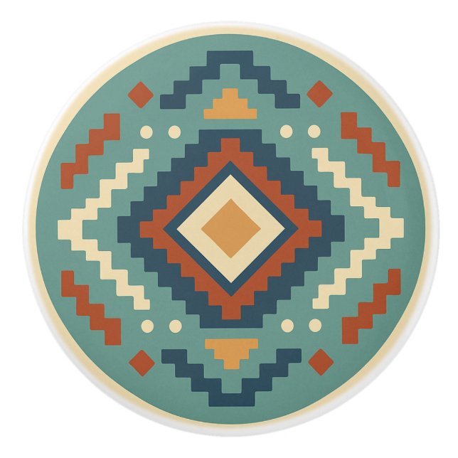 Turquoise Red Cobalt Zapotec Diamond Keramik Knobl Keramikknauf (Vorderseite)