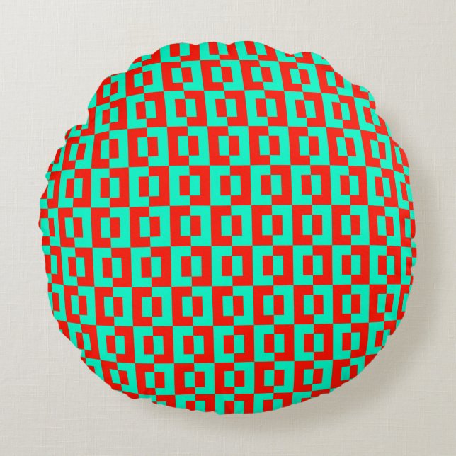 Turquoise&Red Tiles Design auf runder Sofa Kissen (Vorderseite)