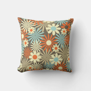 Turquoise Rétro, Beige, Oreiller Floral Orange