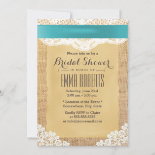 Turquoise Ribbon & Lace Burlap-Brautparty Einladung