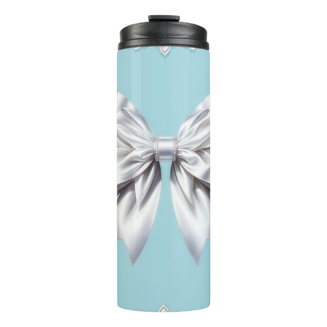 Turquoise Robin's Egg Blue Big White Bow Bridal Thermosbecher (Vorderseite)