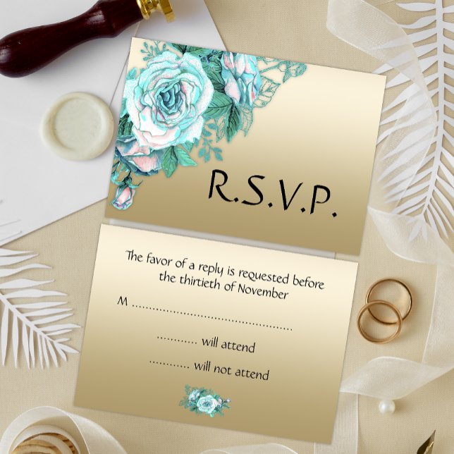 Turquoise Rose Bouquet Golden Wedding RSVP Karte (Von Creator hochgeladen)