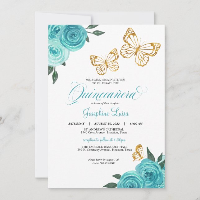 Turquoise Rose Gold Butterfly Quinceañera Geburtst Einladung (Vorderseite)