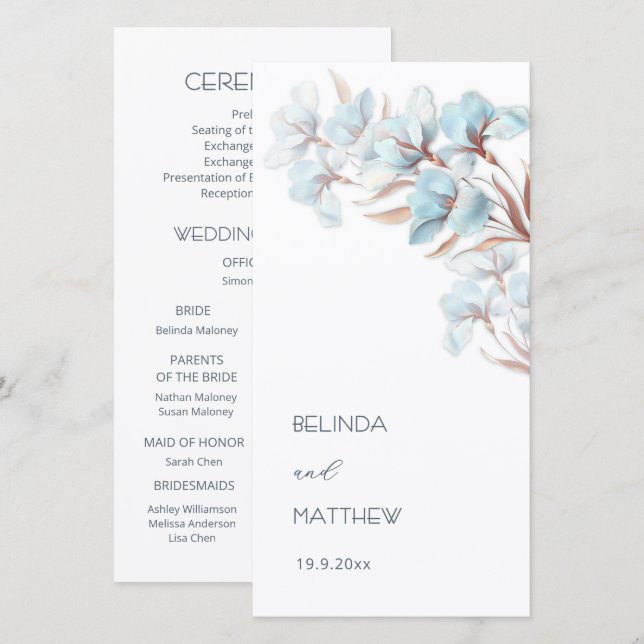 Turquoise Rose Gold Fleurs | Programme de Mariage (Devant / Derrière)
