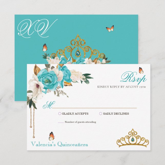 Turquoise Rose Gold Gemstone Tiara Quinceanera RSVP Karte (Vorne/Hinten)