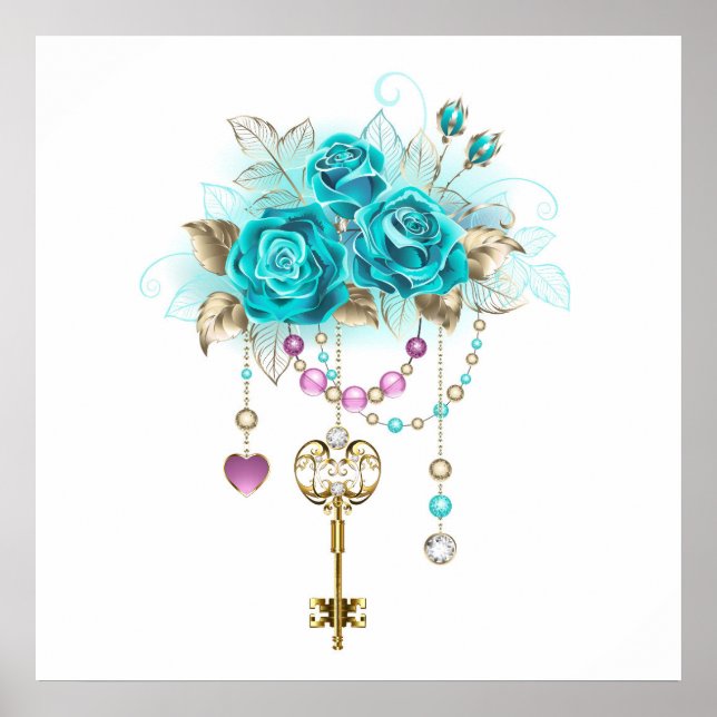 Turquoise Roses with Keys Poster (Vorne)