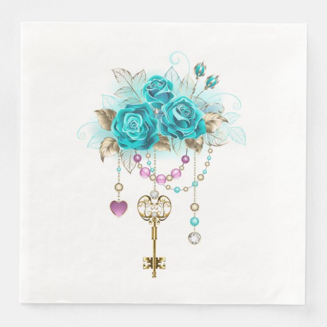 Turquoise Roses with Keys Serviette (Vorderseite)