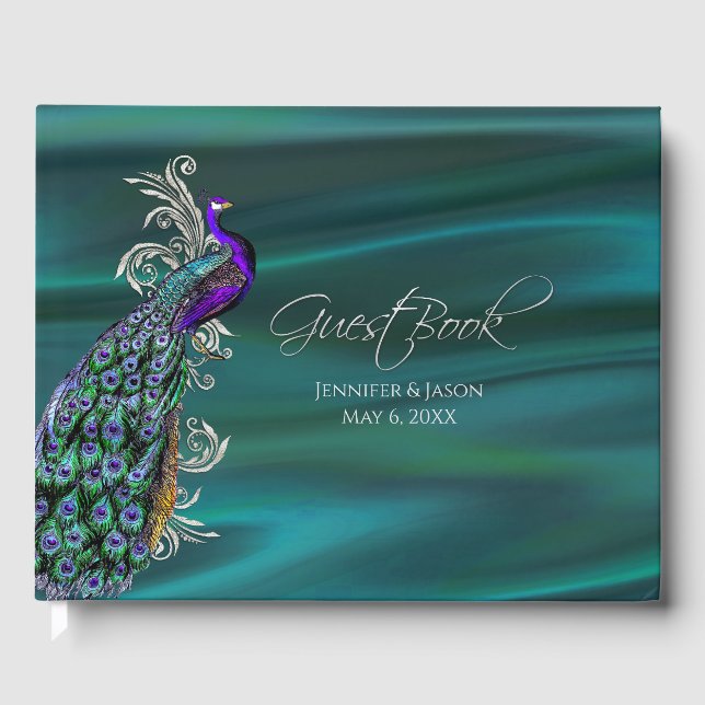 Turquoise Satin et Peacock Mariage Livre d'or (Recto)