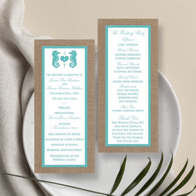 Turquoise Seahorse Burlap Beach Wedding Programme (Créateur téléchargé)