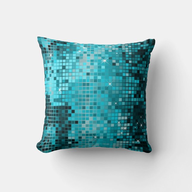 Turquoise Sequins Glitzer Abstrakte Pixel Art Kissen (Vorderseite)
