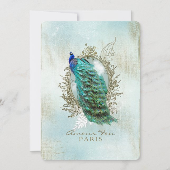 Turquoise Shabby Peacock Einladung (Vorderseite)