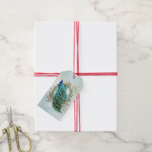 Turquoise Shabby Peacock Geschenkanhänger (Mit Garn)