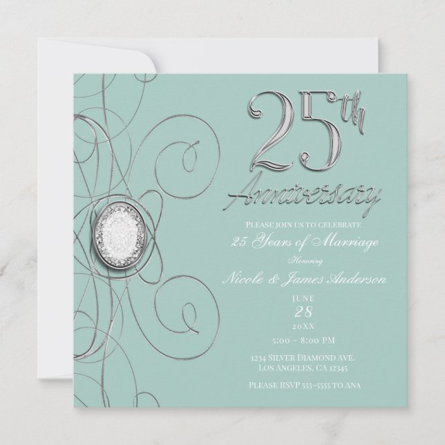 Turquoise Silver Diamond 25 Party zum 25. Jahresta Einladung (Vorderseite)