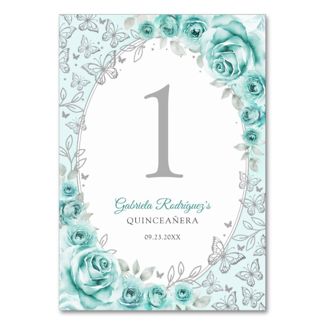 Turquoise Silver Floral Quinceanera Tischnummer (Vorderseite)