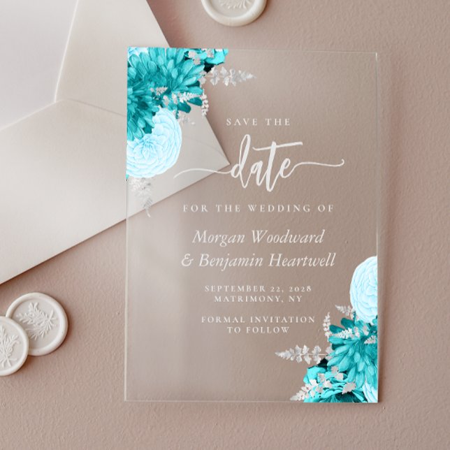 Turquoise Silver Floral Wedding Save the Date Acryleinladungen (Von Creator hochgeladen)