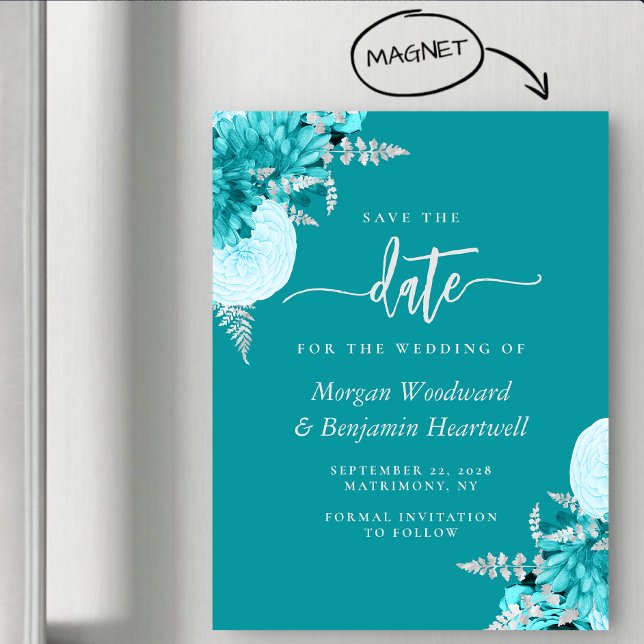 Turquoise Silver Floral Wedding Save the Date Magneteinladung (Von Creator hochgeladen)