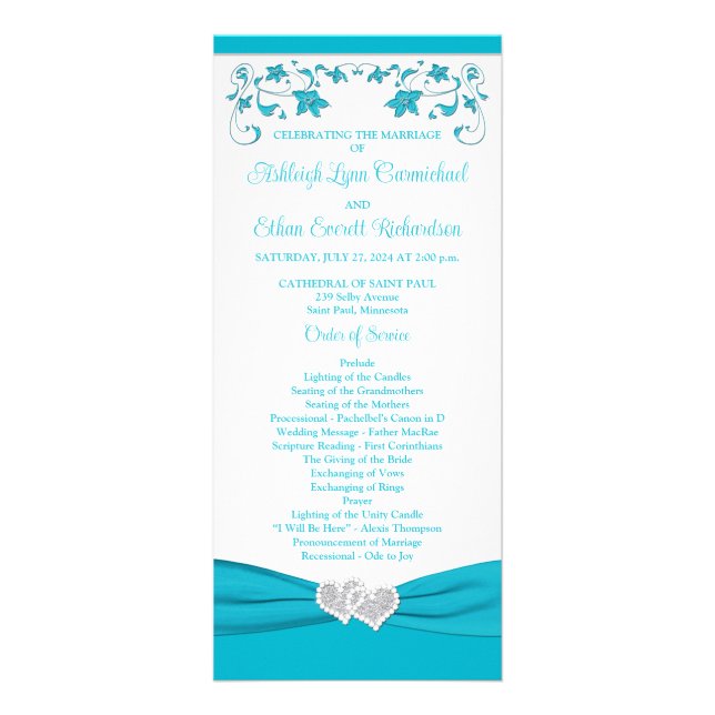 Turquoise, Silver Love Hearts Programme de mariage (Devant)