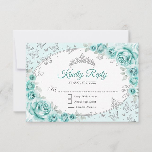 Turquoise Silver Quinceanera Reply RSVP Karte (Vorderseite)