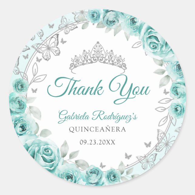 Turquoise Silver Quinceanera Runder Aufkleber (Vorderseite)