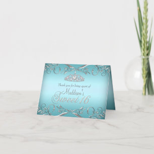 Turquoise & Silver Tiara Sweet 16 Cartes de remerc