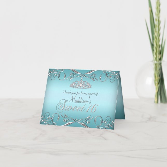 Turquoise & Silver Tiara Sweet 16 Cartes de remerc (Devant)