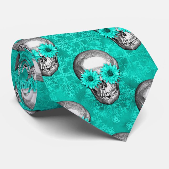 Turquoise Skulls and Sunflower Series Design 11  Krawatte (Gerollt)