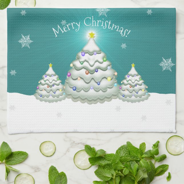 Turquoise Snowy Christmas Tree Serviette de cuisin (Plié)