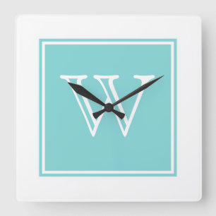 Turquoise Square Monogram Clock Quadratische Wanduhr