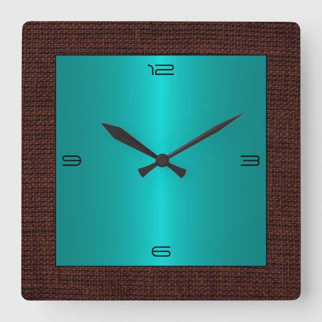 Turquoise Stainless Steel Modern Burlap Border Quadratische Wanduhr (Vorderseite)